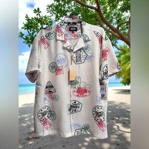 NWT Malibu Mens Size XXL Travel Stamp Polyester Button Down Shirt Multicolor